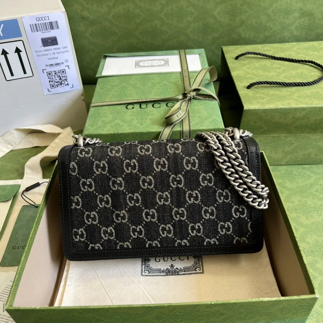 Gucci Dionysus Small Shoulder Bag / Black/ Ivory GG Denim Jacquard Antique Silver Hardware