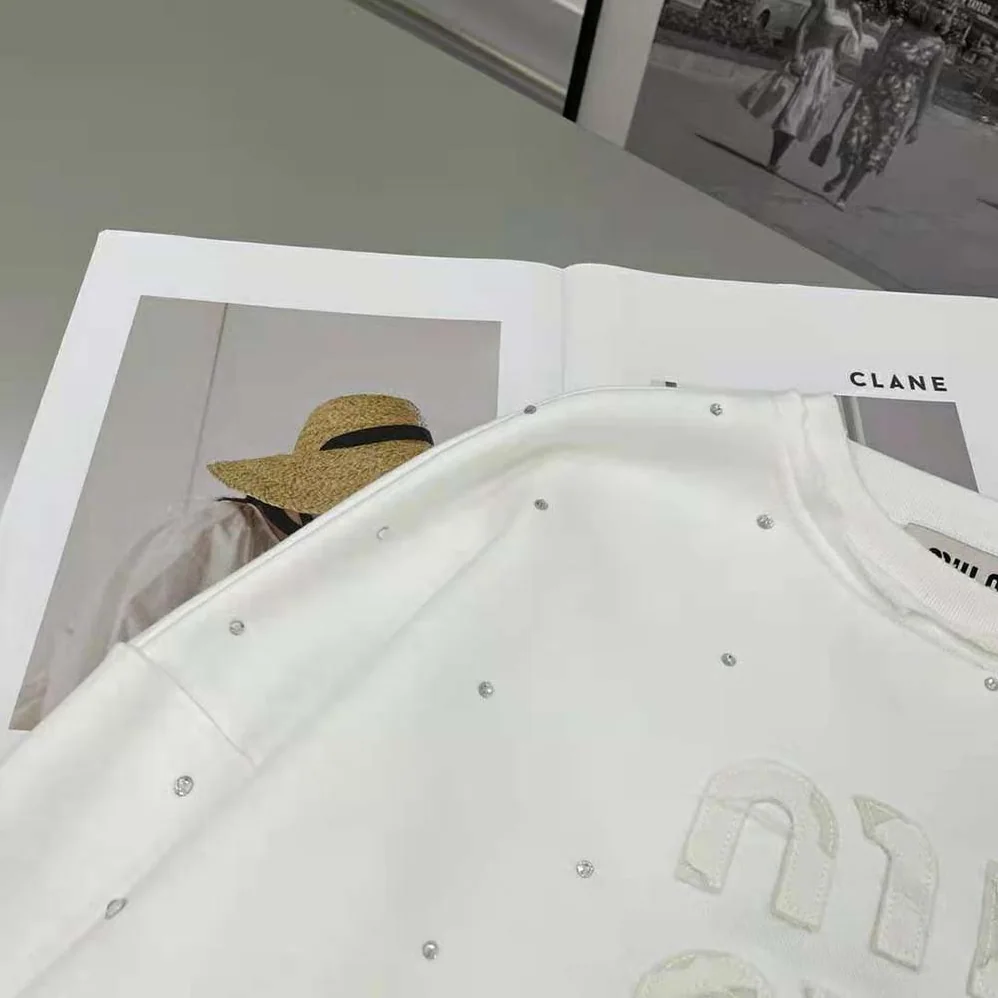 Miu Miu Cotton Embroidered Sweatshirt with Crystals for Women in White
