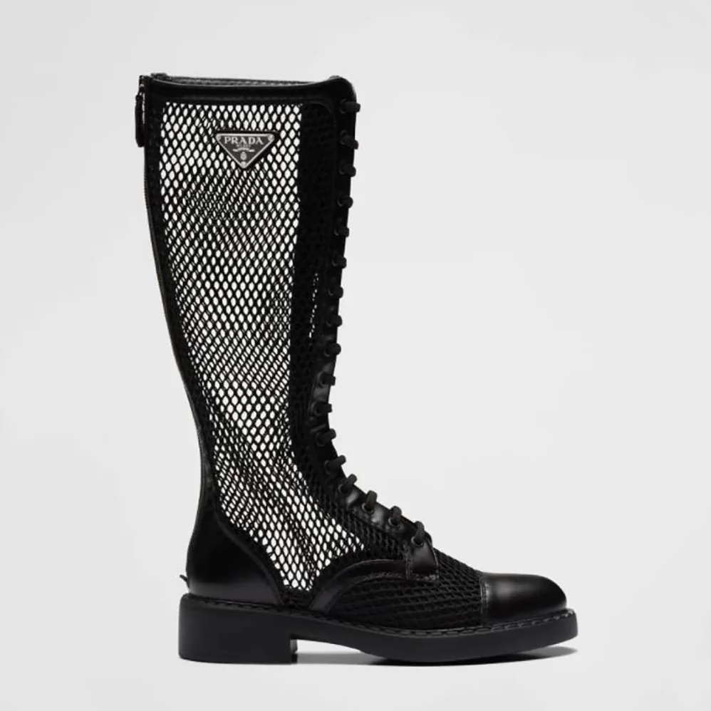 Prada Brushed Leather and Mesh Boots for Women in Black