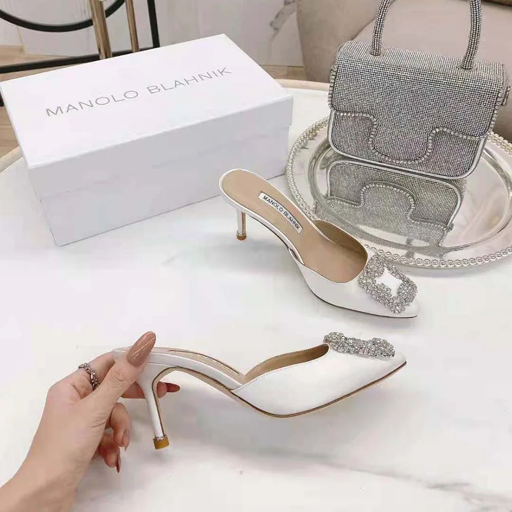 Manolo Blahnik Off-White Satin Jewel Buckle Mules for Women