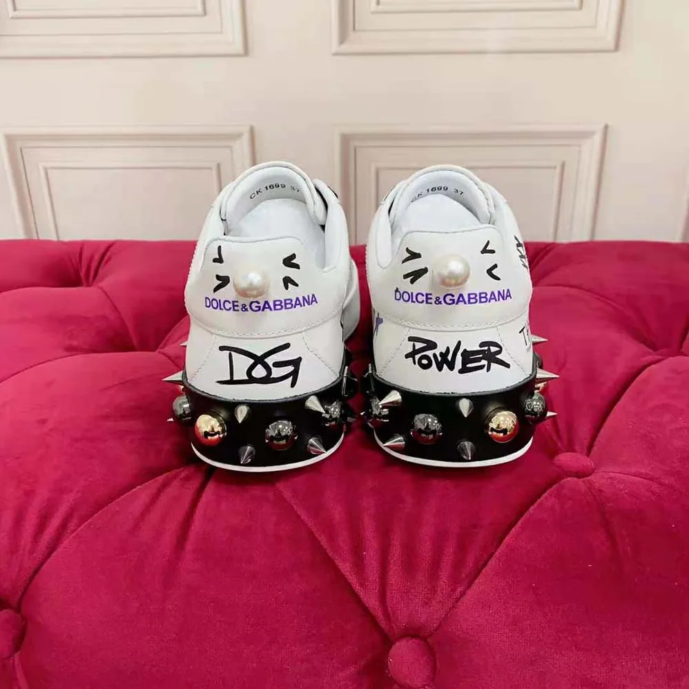 Dolce Gabbana D&G Printed Calfskin Portofino Sneakers with Patch for Unisex