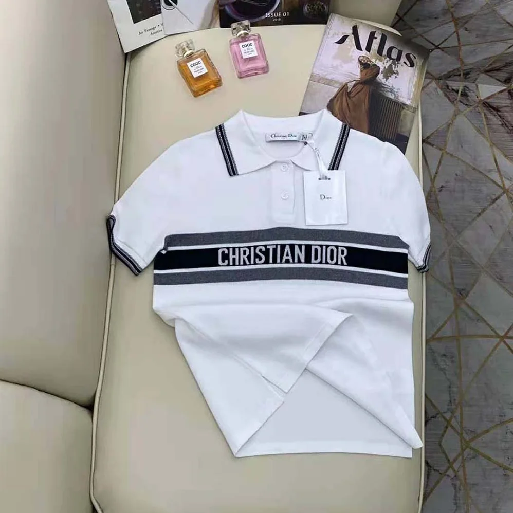 Dior Polo Shirt White and Navy Blue Cotton Jersey for Women Dior Polo Shirt White and Navy Blue Cotton Jersey for Women