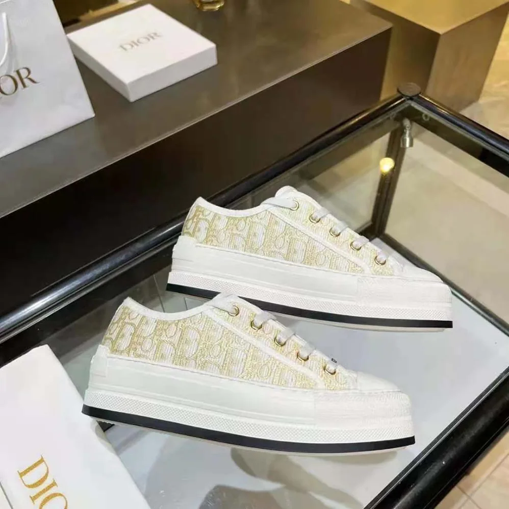 Dior Walk'N'Dior Platform Sneaker Gold-Tone Dior Oblique Cotton with Metallic Thread Embroidery for Women