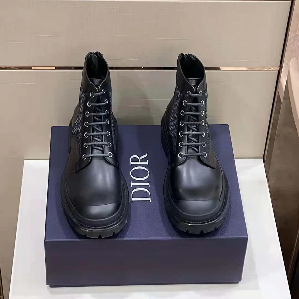 Dior Explorer Ankle Boot Black Smooth Calfskin and Dior Oblique Jacquard for Men