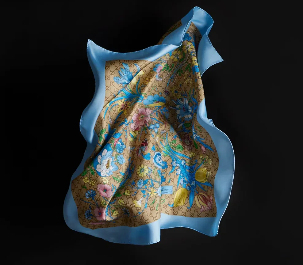 Gucci Printed GG Silk Twill Carre Scarf Light Blue in Multicolor