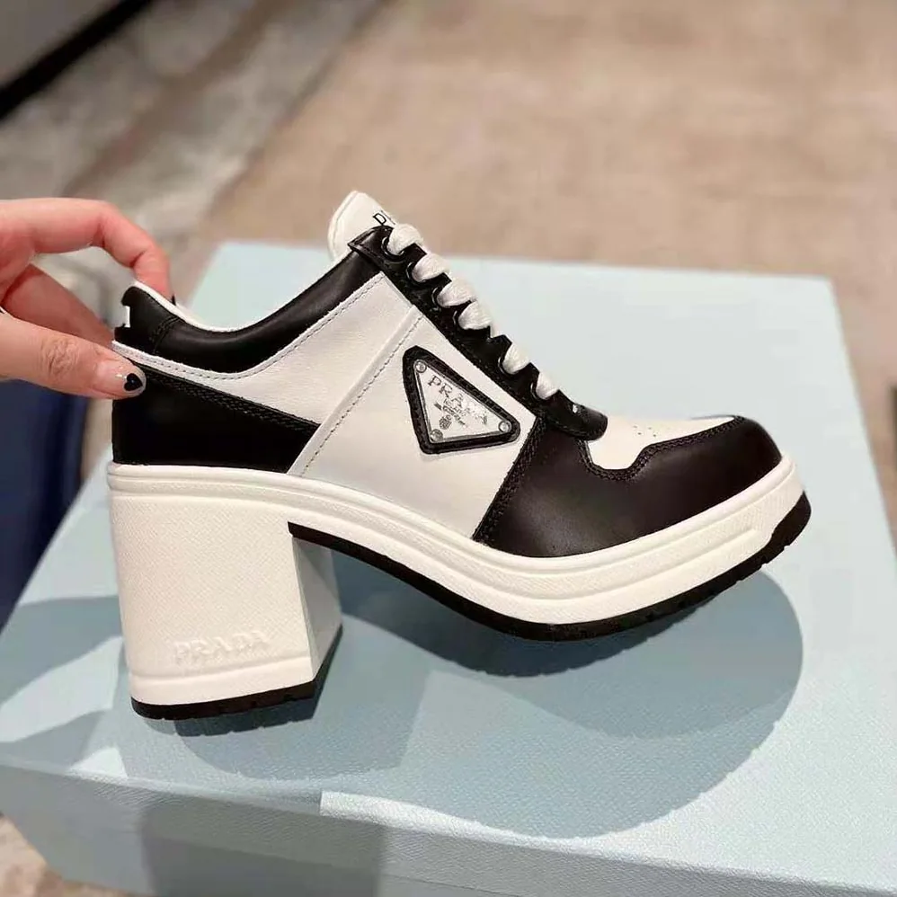 Prada Downtown High-Heeled Leather Sneakers for Women in Black