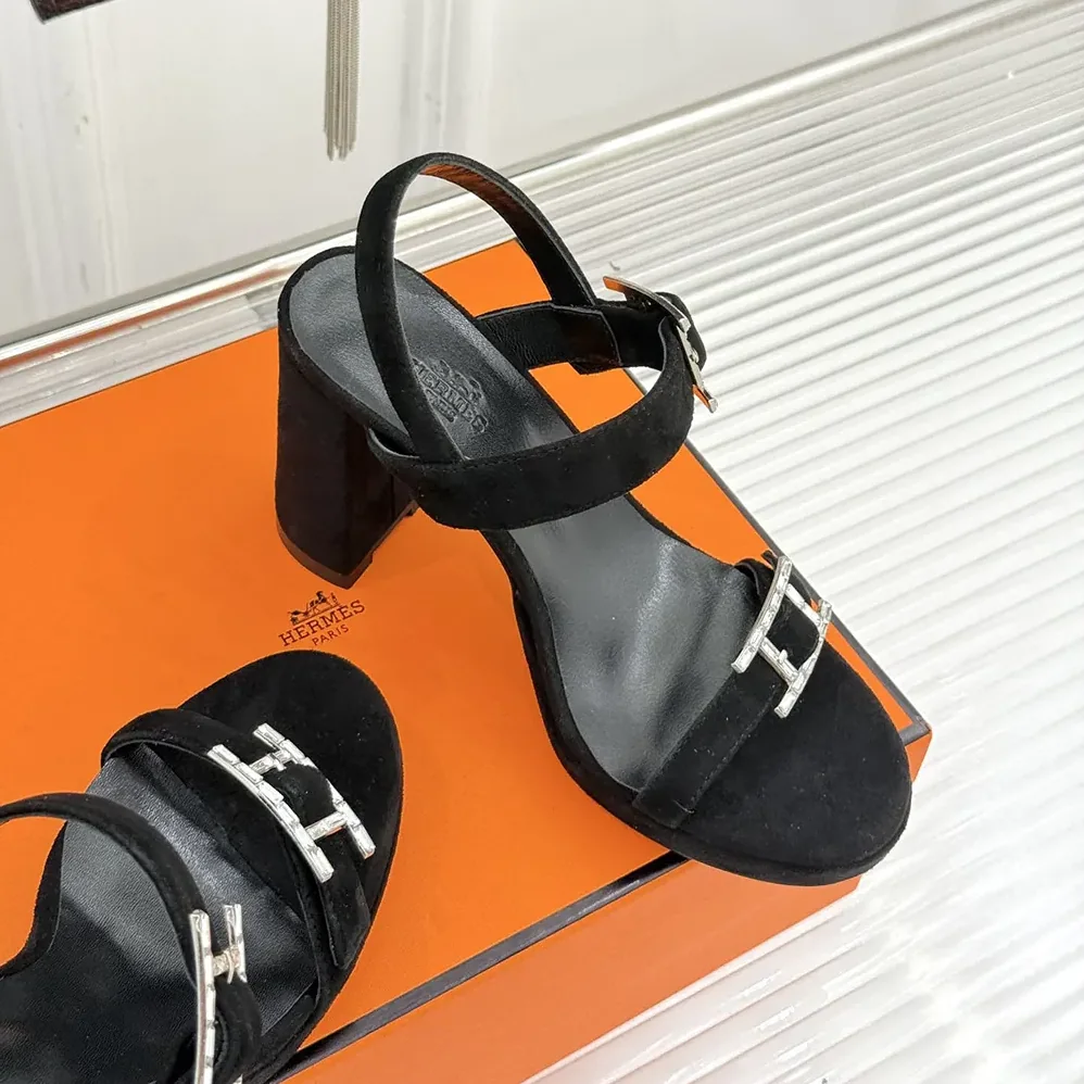 Hermes Bossa Sandal in Velvet Featuring a Hapi Buckle for Women in Black Hermes Bossa Sandal in Velvet Featuring a Hapi Buckle for Women in Black