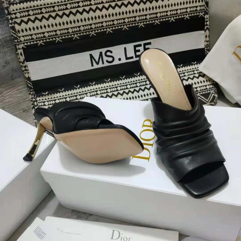 Dior D-Fame Heeled Sandal Black Pleated Lambskin for Women