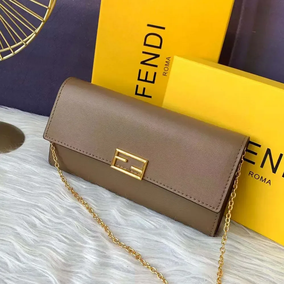 Fendi Shoulder Bag Brown Chain Leather Wallet for Women