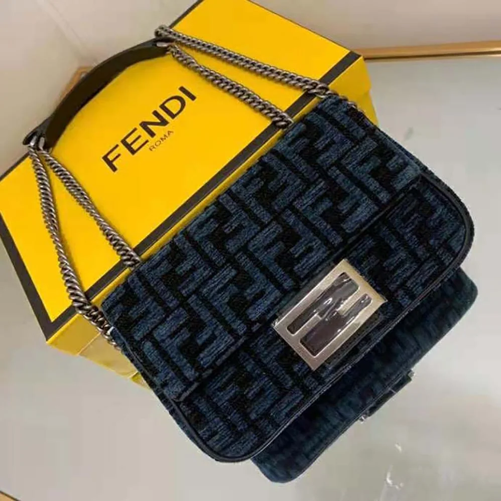 Fendi Baguette Chain Midi Dark Blue FF Tapestry Fabric Bag for Women Fendi Baguette Chain Midi Dark Blue FF Tapestry Fabric Bag for Women