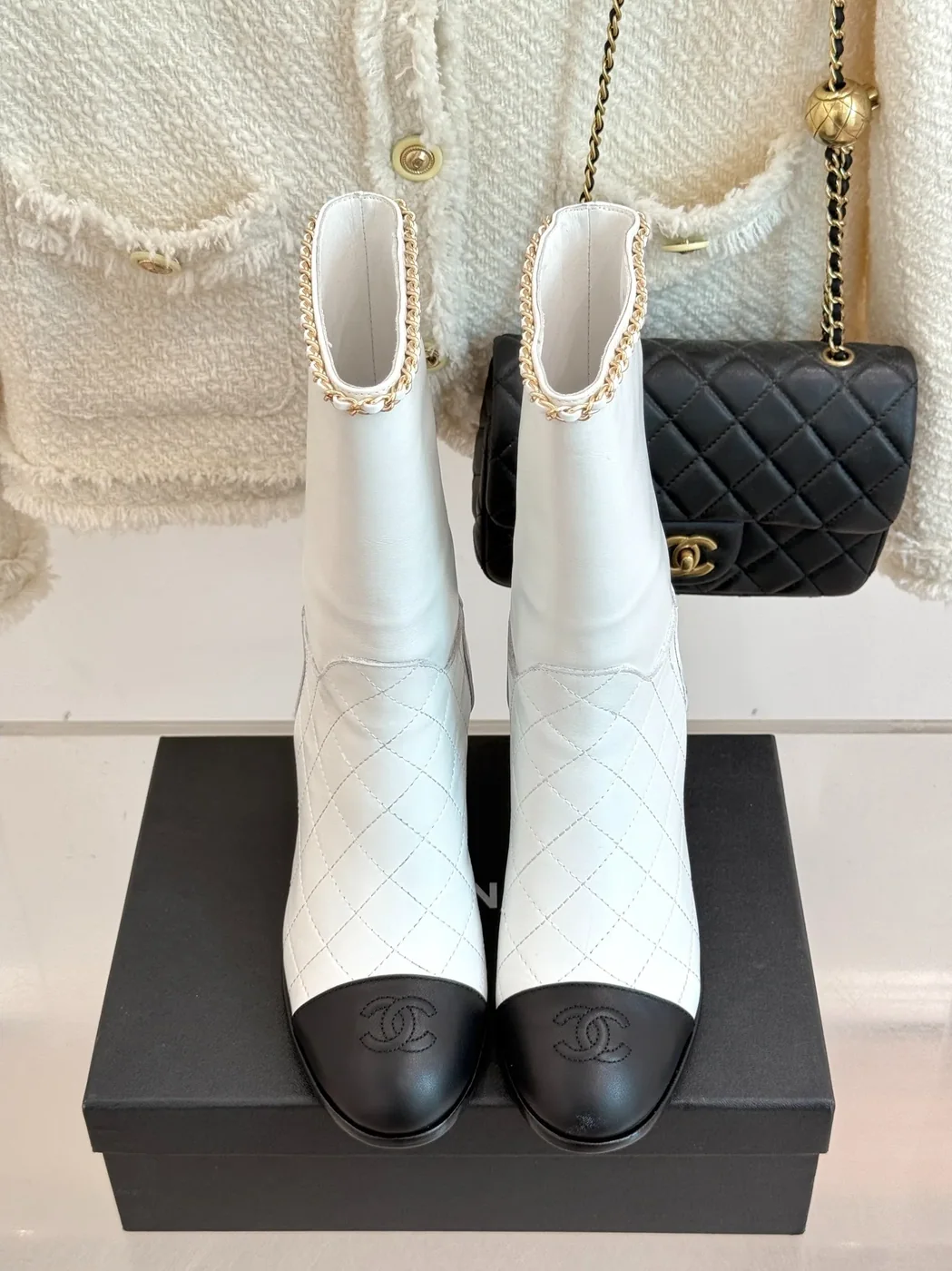 Chanel Double C Chunky Heel Boots With Chain Detail White Chanel Double C Chunky Heel Boots With Chain Detail White