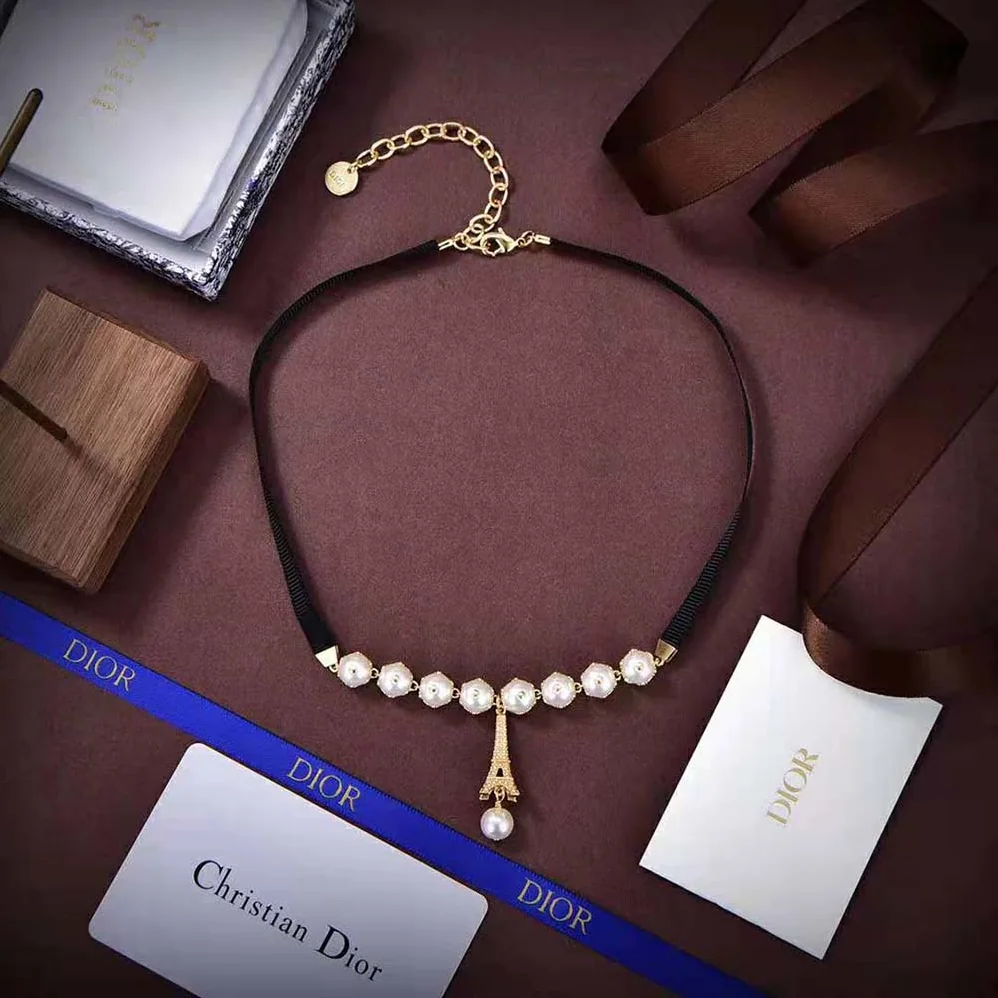 Dior Plan De Paris Choker Gold-Finish Metal with Black Grosgrain and White Resin Pearls for Women