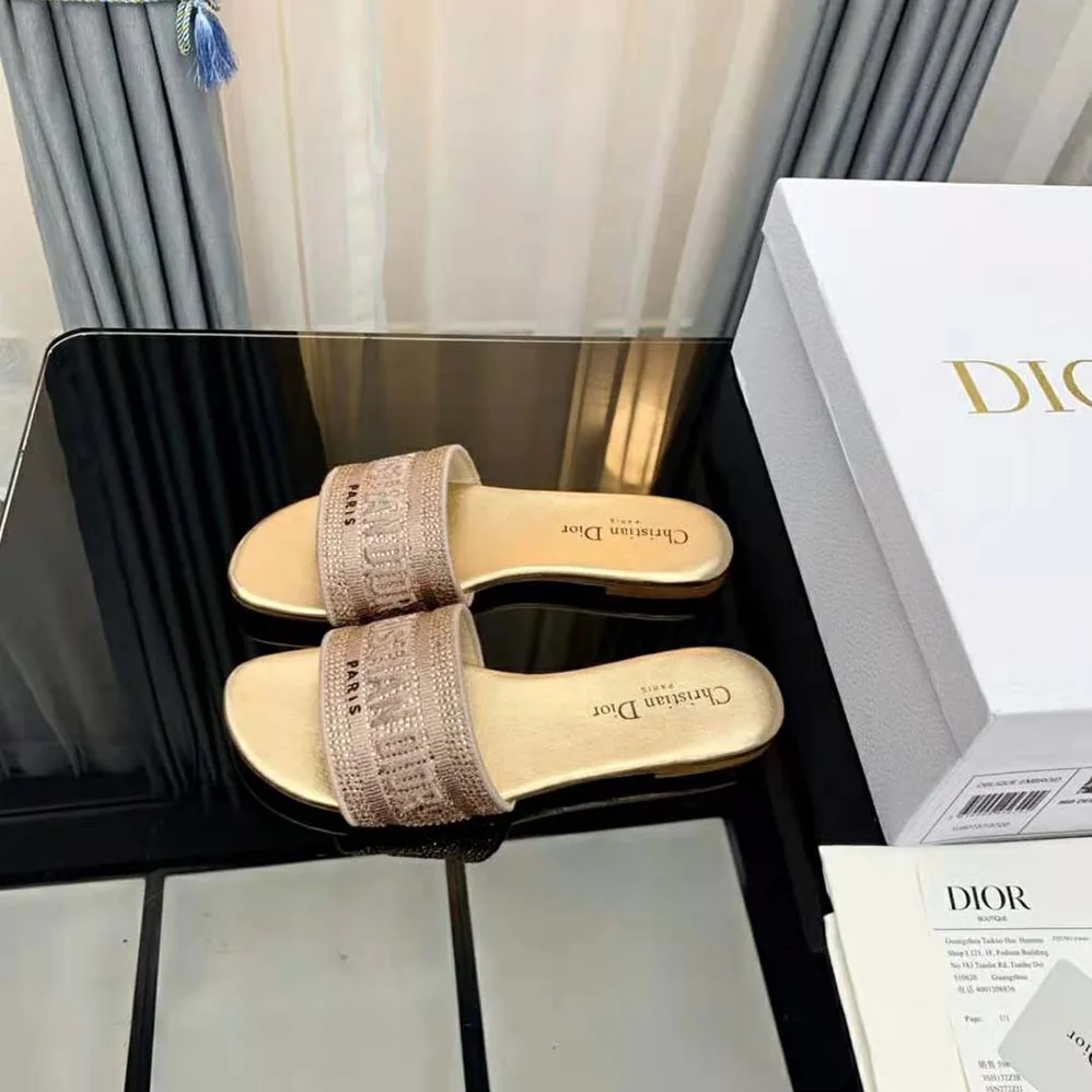 Dior Dway Slide Gold-Tone Cotton Embroidered with Metallic Thread and Strass for Women Dior Dway Slide Gold-Tone Cotton Embroidered with Metallic Thread and Strass for Women