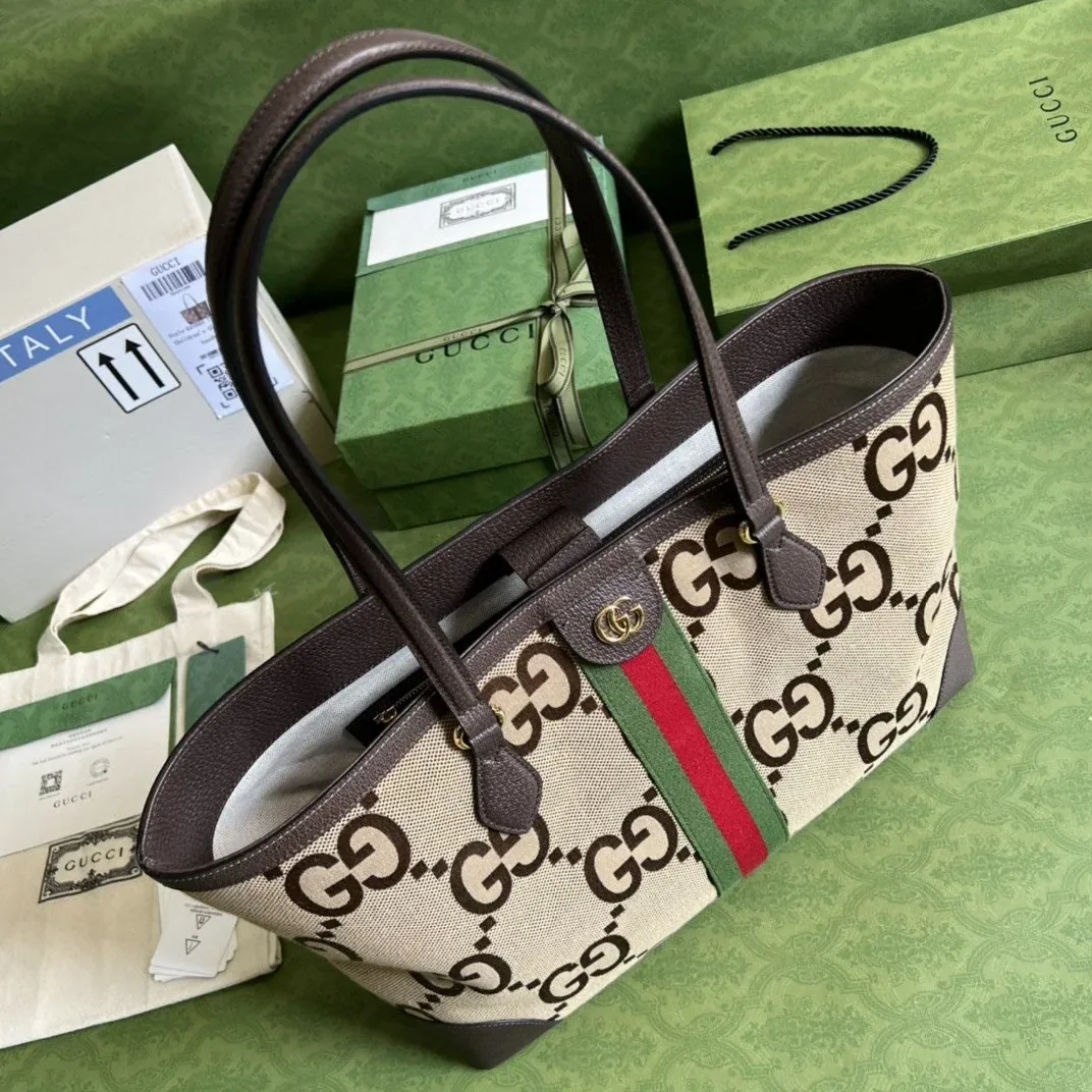 Gucci Ophidia Jumbo GG Medium Tote Bag in Camel/ Ebony Jumbo Canvas Gucci Ophidia Jumbo GG Medium Tote Bag in Camel/ Ebony Jumbo Canvas