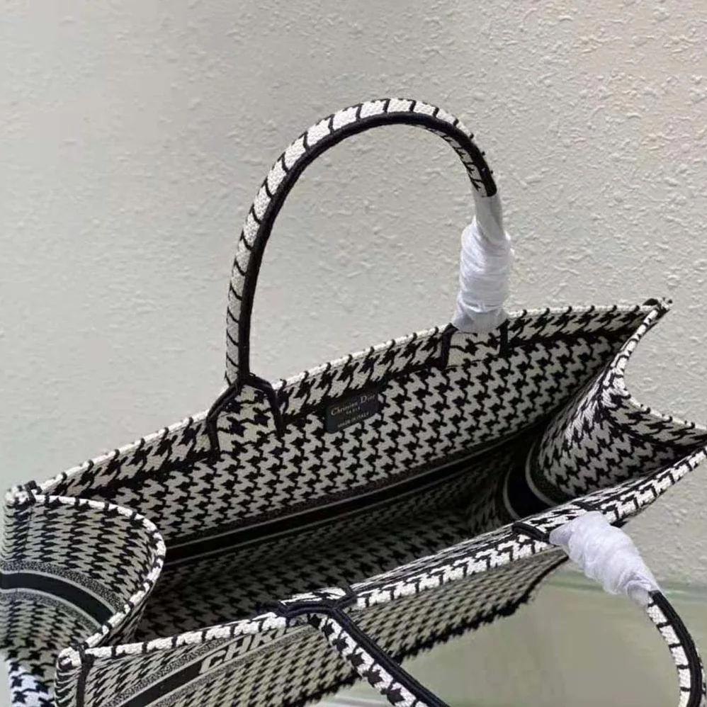 Dior Book Tote Black and White Houndstooth Embroidery for Women