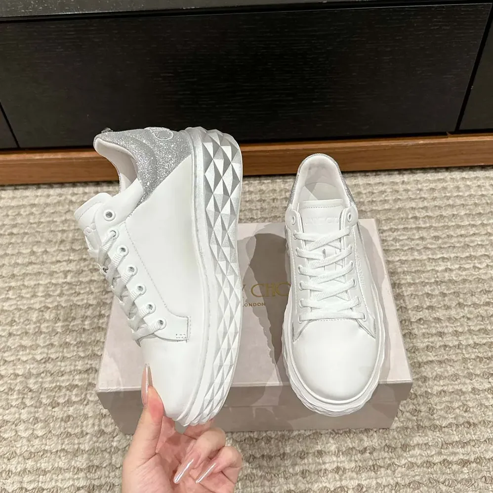 Jimmy Choo Diamond Maxi/F II White & Silver Nappa Leather Glitter Trainers for Women Jimmy Choo Diamond Maxi/F II White & Silver Nappa Leather Glitter Trainers for Women