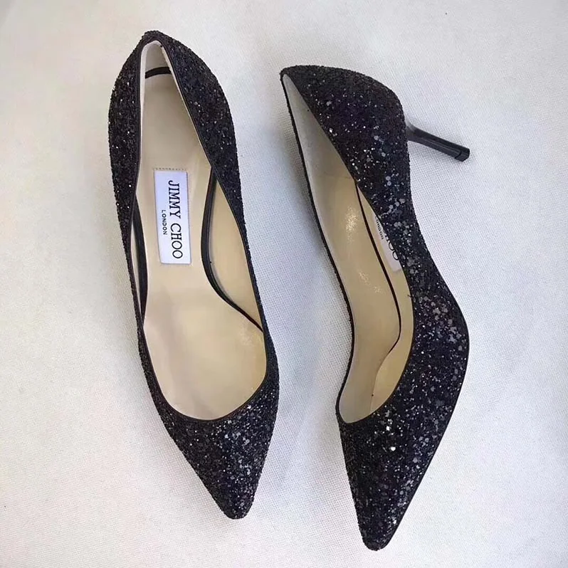 Jimmy Choo Romy 85 Coarse Glitter Fabric Pointy Toe Pumps Shoes for Women in Black