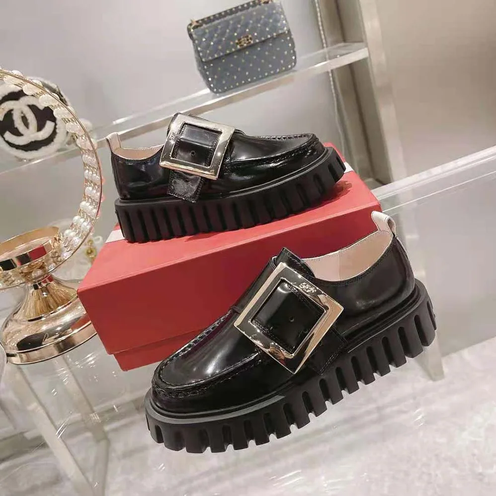 Roger Vivier Viv Go-Thick Metal Buckle Loafers in Patent Leather for Women in Black Roger Vivier Viv Go-Thick Metal Buckle Loafers in Patent Leather for Women in Black
