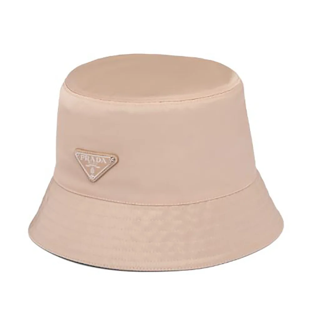 Prada Nylon Bucket Hat Decorated with the Triangle Logo for Women in Sandy Prada Nylon Bucket Hat Decorated with the Triangle Logo for Women in Sandy