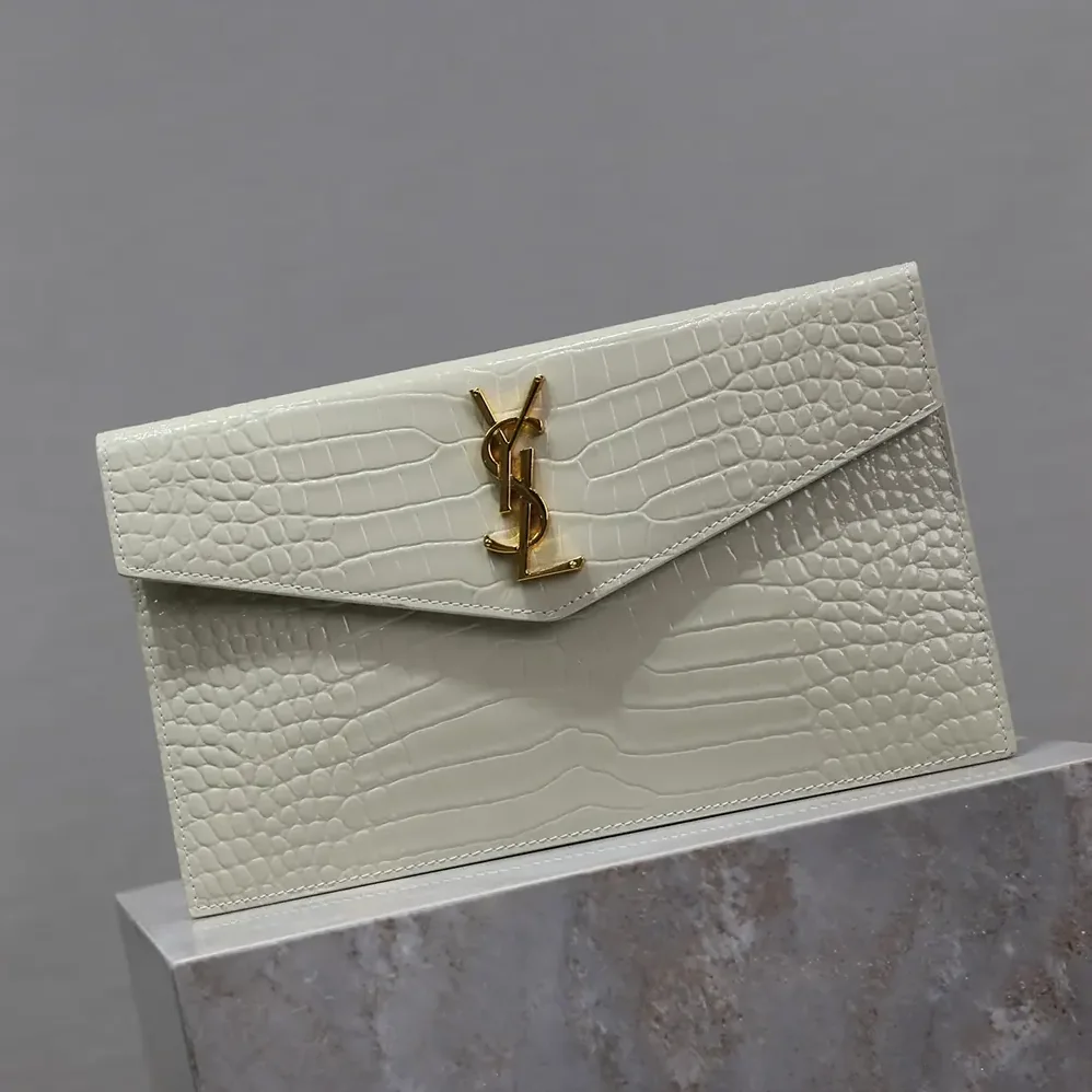 Saint Laurent YSL Uptown Pouch in Crocodile-embossed Shiny Leather for Women in White