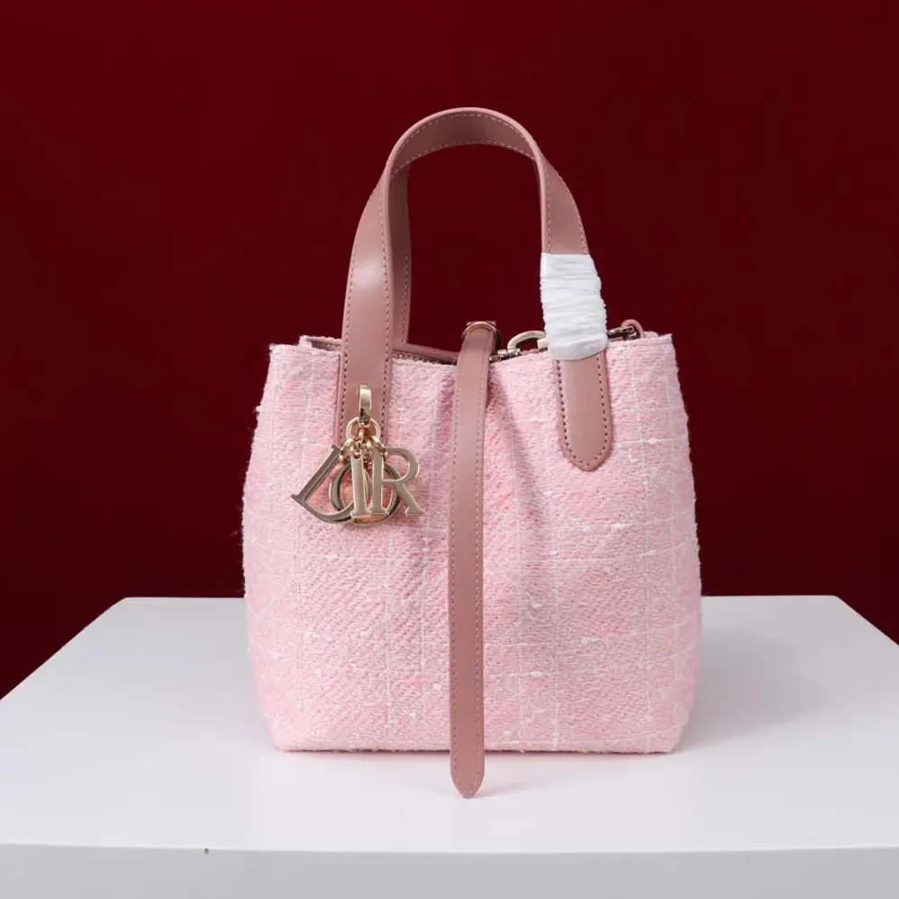 Dior Small Dior Toujours Vertical Tote Bag Pink Tweed with White Cannage Motif for Women