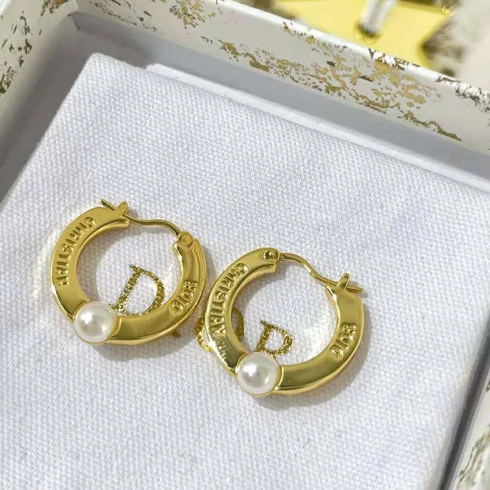 Dior CD Navy Earrings Gold-Finish Metal and White Resin Pearls for Women