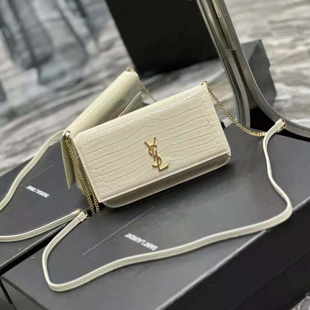 Saint Laurent YSL Cassandre Phone Holder with Strap in Shiny Crocodile-Embossed Leather for Women in White Saint Laurent YSL Cassandre Phone Holder with Strap in Shiny Crocodile-Embossed Leather for Women in White