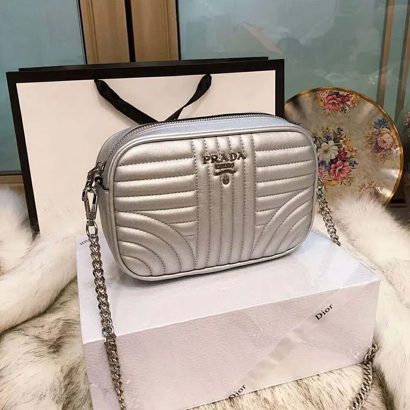 Prada Diagramme Leather Shoulder Bag for Women in Silver Prada Diagramme Leather Shoulder Bag for Women in Silver