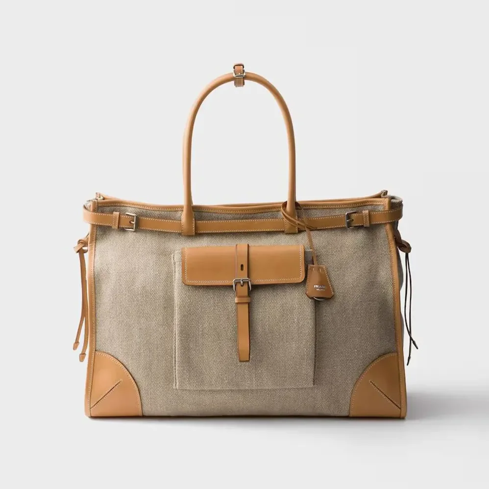 Prada Bonnie Linen and Leather Tote Bag for Unisex Prada Bonnie Linen and Leather Tote Bag for Unisex