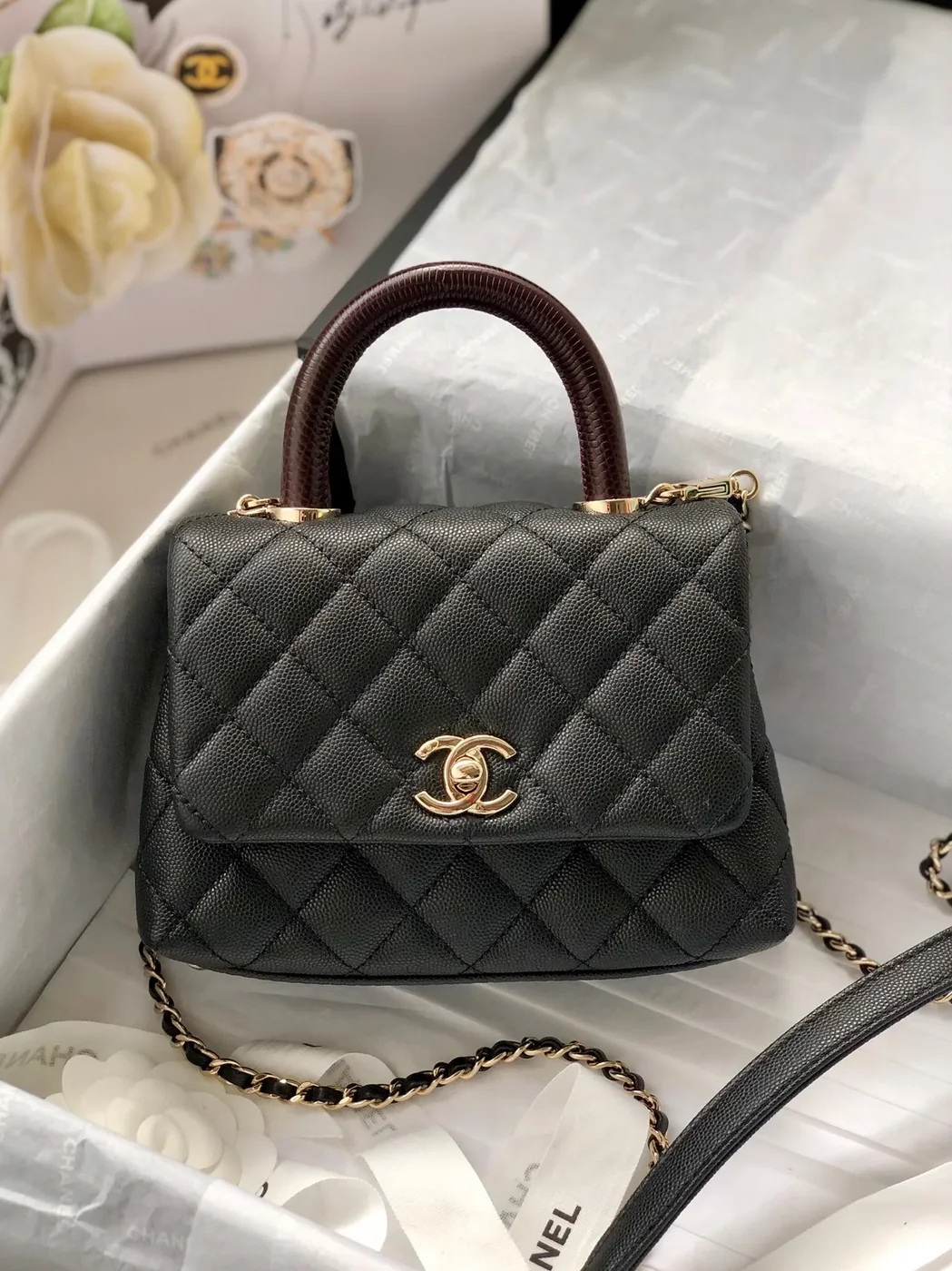 Chanel Classic Mini Flap Bag Top Handle in Black Gold Hardware
