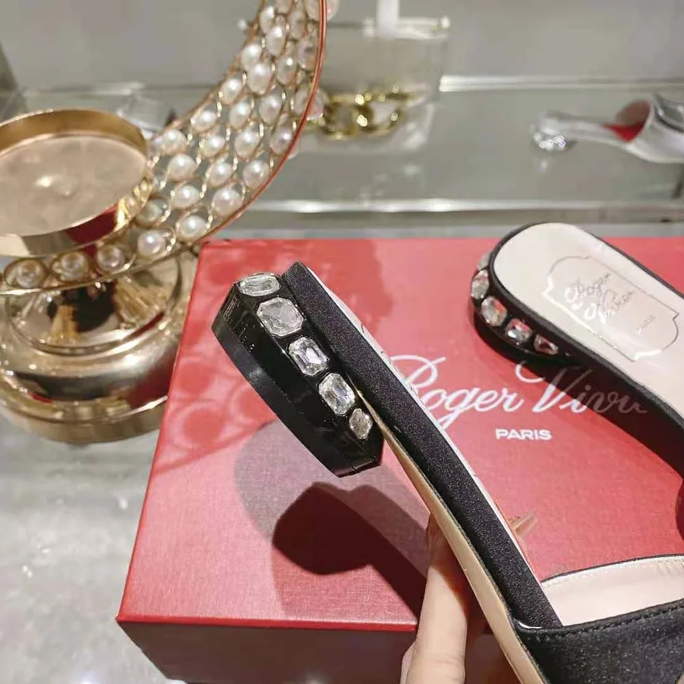 Roger Vivier Strass Heel Covered Buckle Mules in Satin for Women in Black Roger Vivier Strass Heel Covered Buckle Mules in Satin for Women in Black