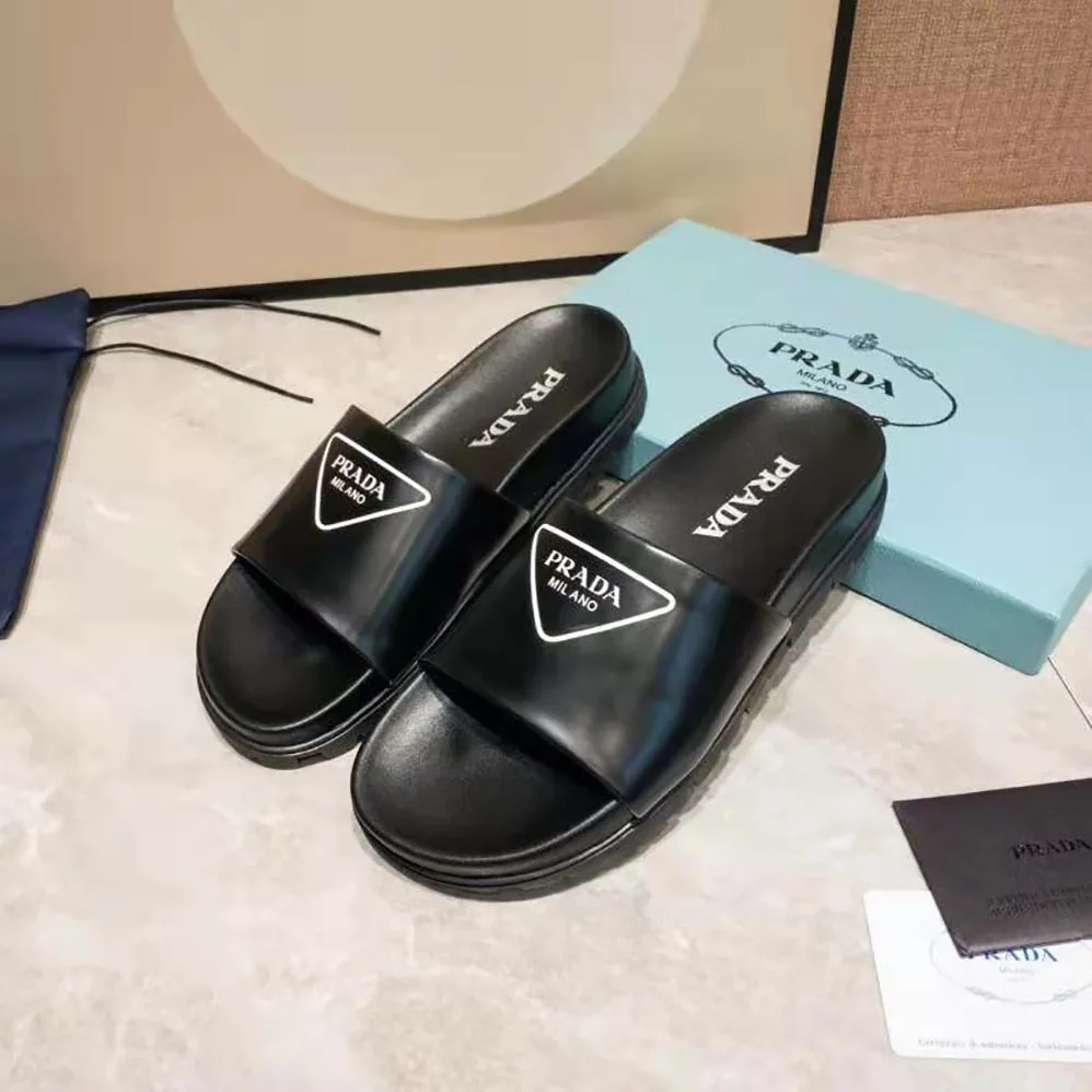 Prada Leather Slides in 20mm Heel for Women in Black Prada Leather Slides in 20mm Heel for Women in Black