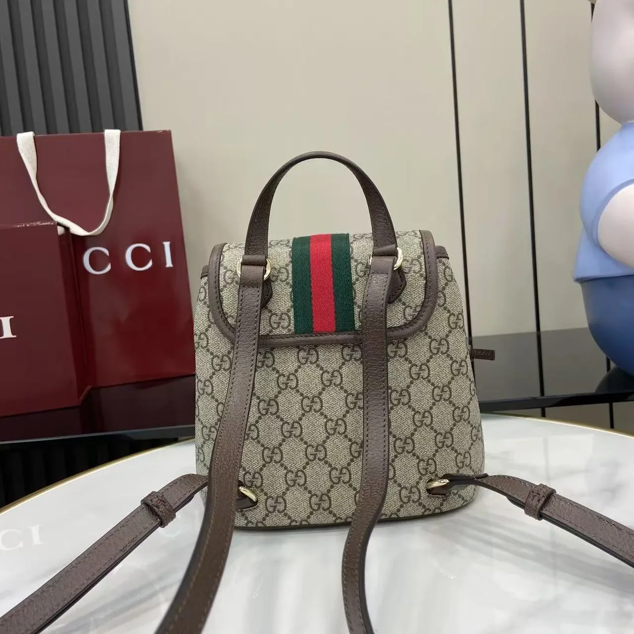 Gucci Ophidia Mini Backpack / Beige/ Dark Brown Gold Hardware
