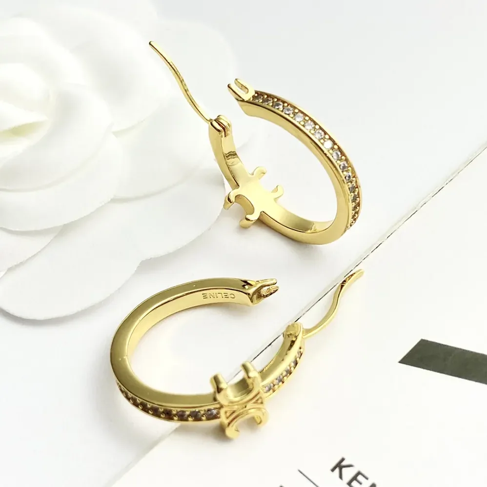 Celine Triomphe Sparkle Hoops in Strass and Brass with Gold Finish for Women