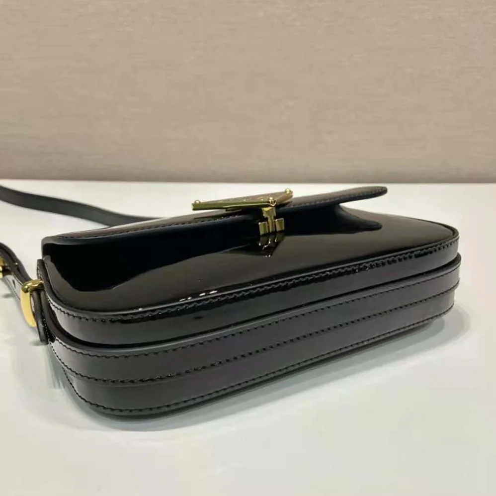 Prada Patent Leather Shoulder Bag with Flap for Women in Black