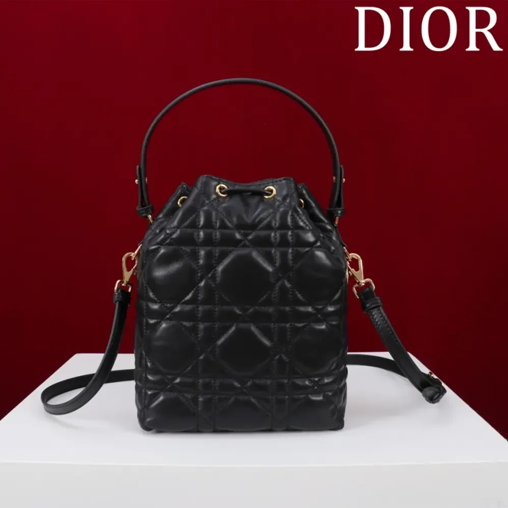 Dior Small Dior Caro Bucket Bag Black Macrocannage Lambskin for Women
