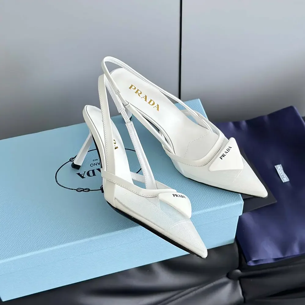 Prada Mesh Fabric Slingback Pumps for Women in White Prada Mesh Fabric Slingback Pumps for Women in White
