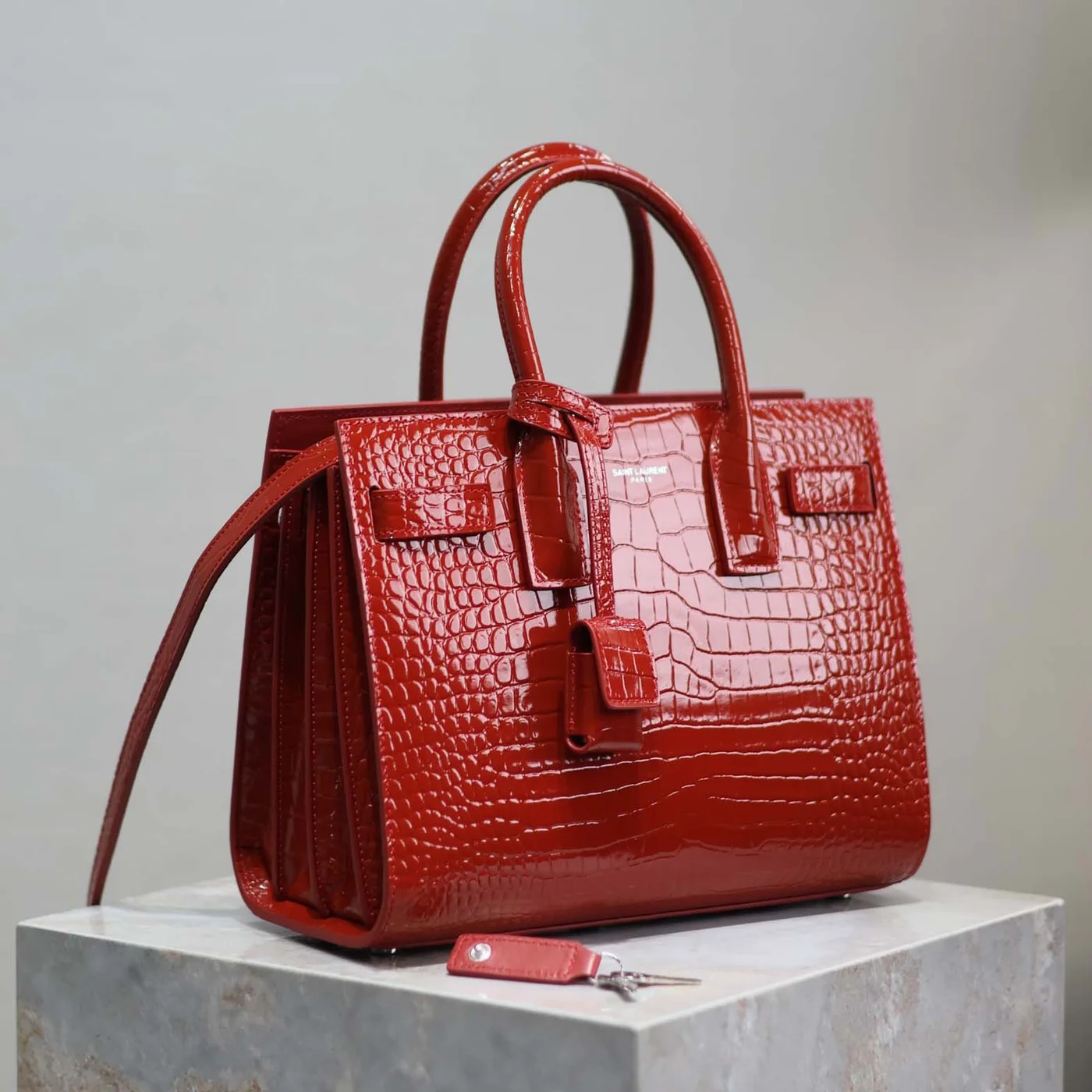 Saint Laurent YSL Sac De Jour in Embossed Crocodile Leather Baby for Women in Red Saint Laurent YSL Sac De Jour in Embossed Crocodile Leather Baby for Women in Red