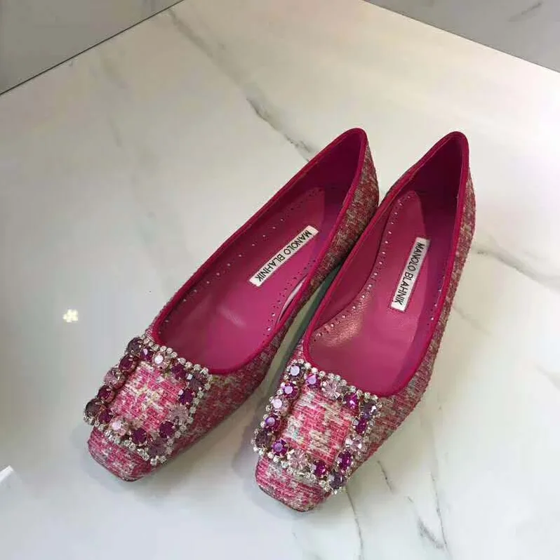 Manolo Blahnik Shoes Caza Pink Tweed Crystal Buckle Flats 10mm Heel for Women Manolo Blahnik Shoes Caza Pink Tweed Crystal Buckle Flats 10mm Heel for Women