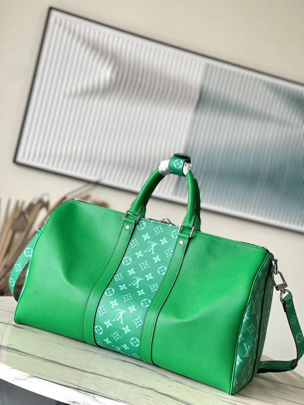 Louis Vuitton Keepall Bandouliere 45 Travel Bag in Green Silver Hardware