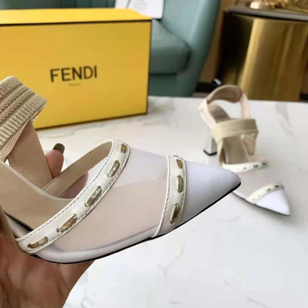 Fendi Colibri Pink Mesh High-Heel Slingbacks with Metal Stitches for Women Fendi Colibri Pink Mesh High-Heel Slingbacks with Metal Stitches for Women