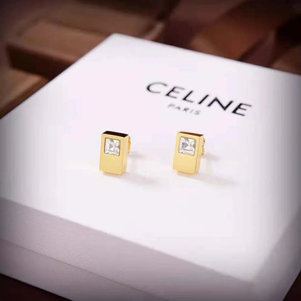 Celine Sentimental Double Square Stud in Yellow Gold and Diamond for Women