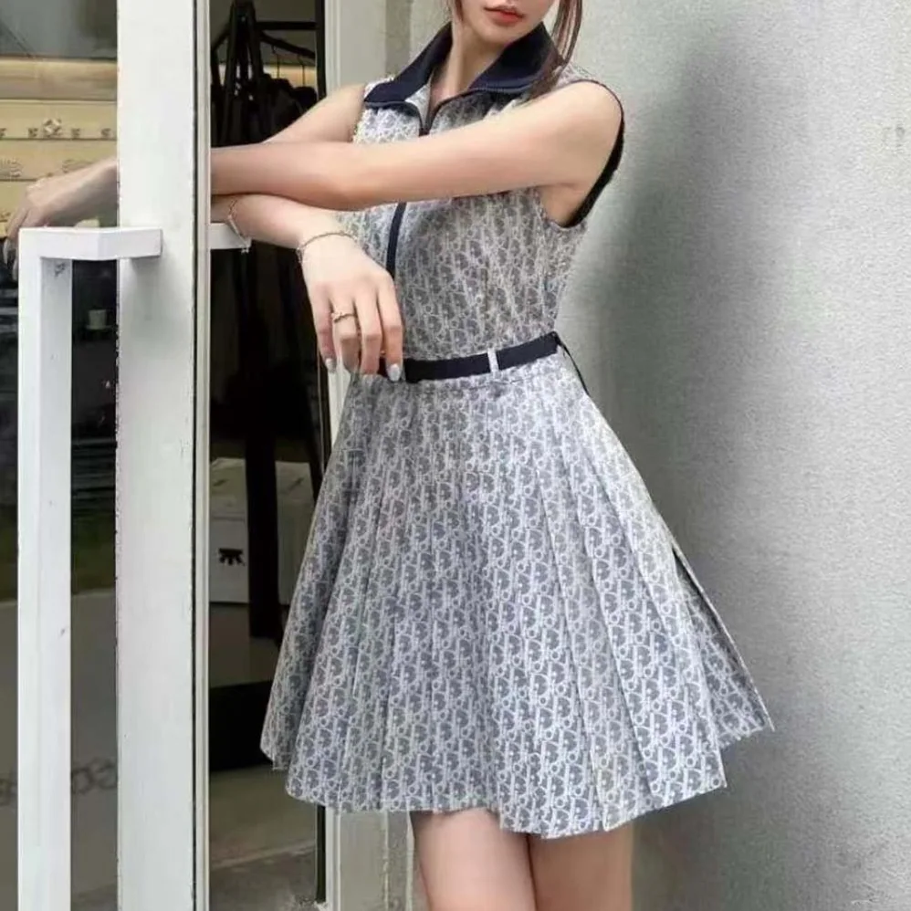 Dior Pleated Short Dress Light Blue and Ecru Technical Taffeta Jacquard for Women Dior Pleated Short Dress Light Blue and Ecru Technical Taffeta Jacquard for Women
