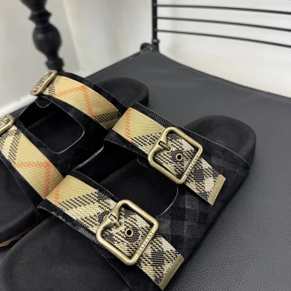 Burberry Check Suede Urchin Sandals for Unisex in Black Burberry Check Suede Urchin Sandals for Unisex in Black