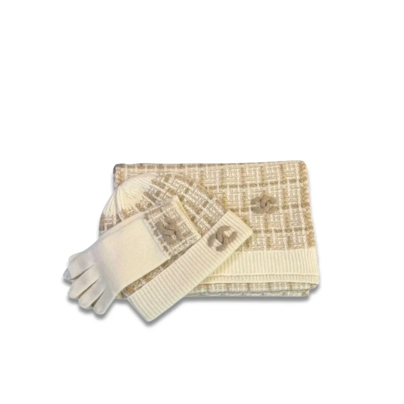 Chanel Monochrome Winter Knit Set Hat, Scarf And Gloves Beige Chanel Monochrome Winter Knit Set Hat, Scarf And Gloves Beige