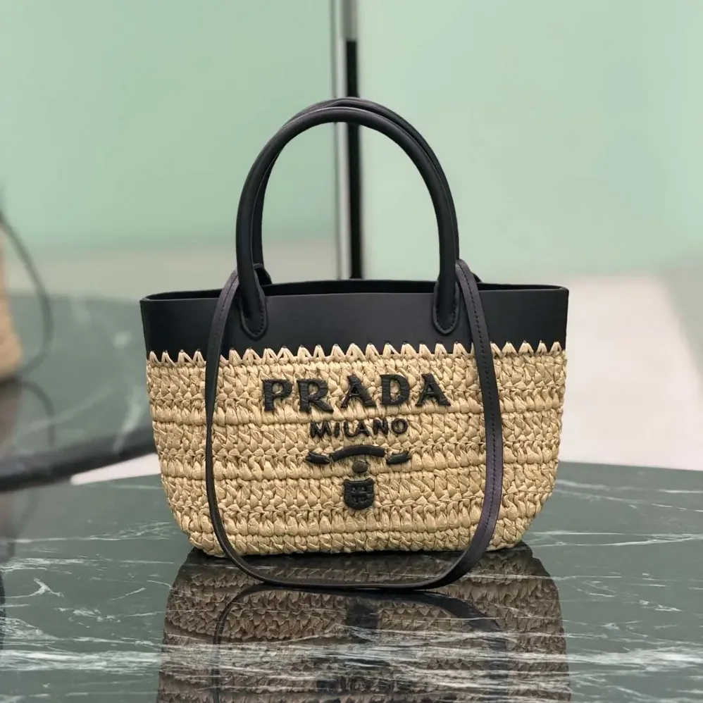 Prada Mini Crochet and Leather Tote Bag for Women Prada Mini Crochet and Leather Tote Bag for Women