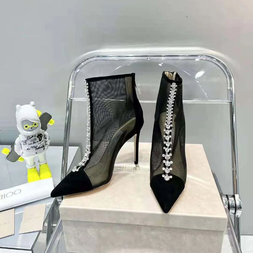 Jimmy Choo Bing Boot 100 Black Suede and Mesh Ankle Boots with Crystal Embellishment for Women