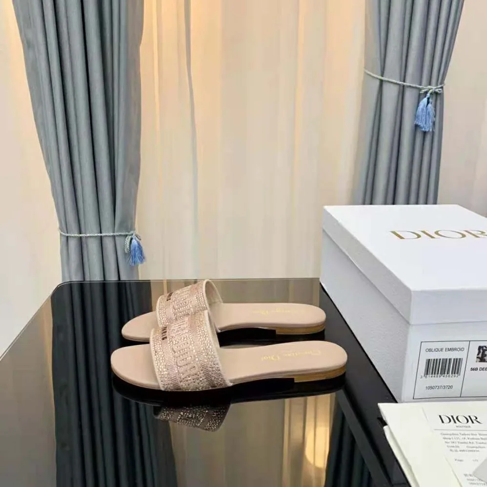 Dior Dway Slide Rose Des Vents Cotton Embroidered with Metallic Thread and Strass for Women