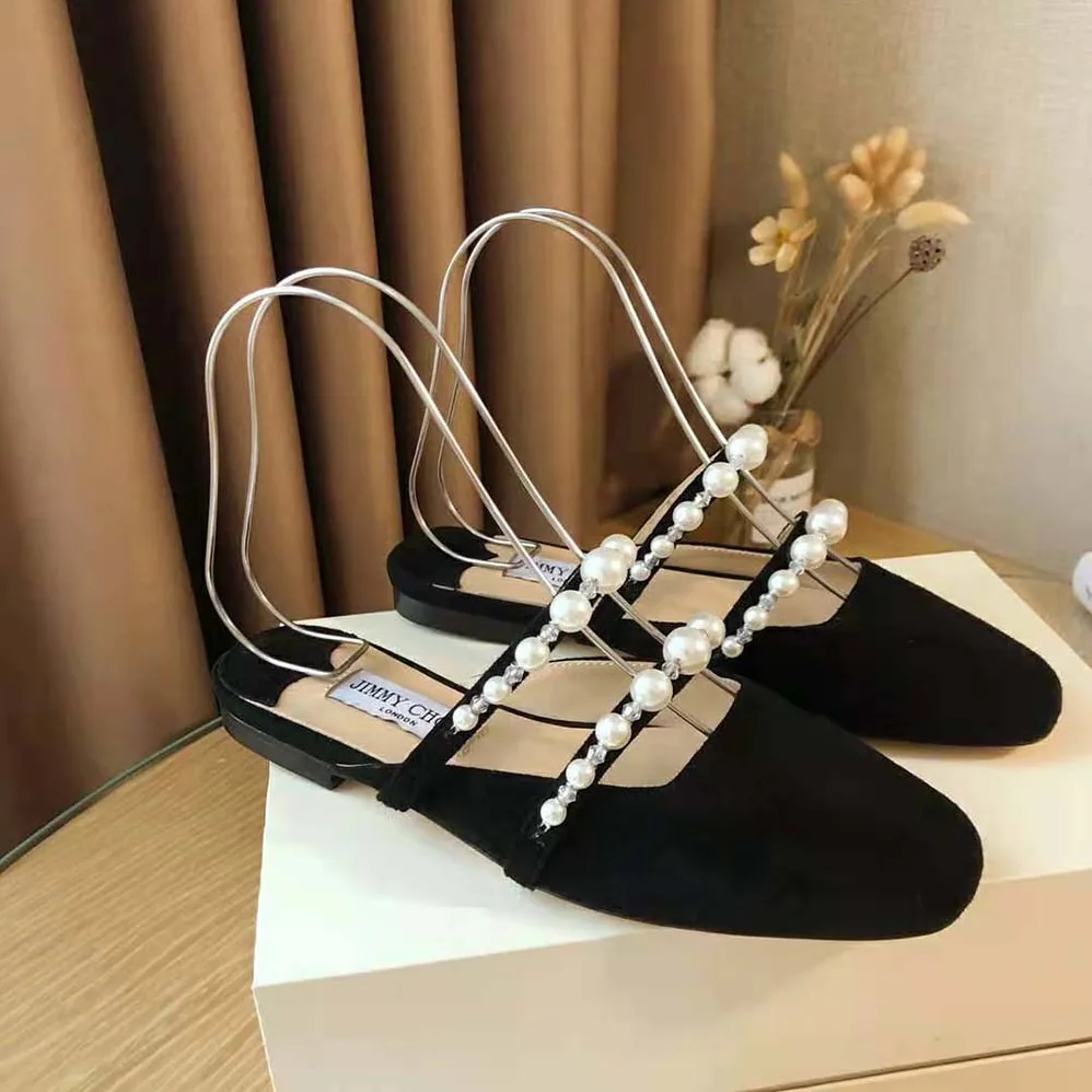 Jimmy Choo Alaina Flat Black Suede Flats with Pearl Embellishment for Women Jimmy Choo Alaina Flat Black Suede Flats with Pearl Embellishment for Women