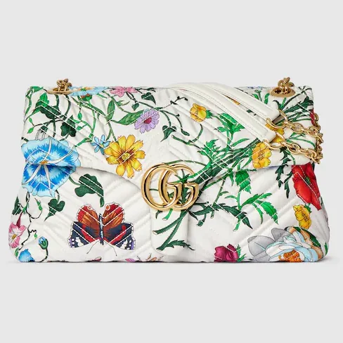 Gucci Marmont Medium Shoulder Bag / White in Multicolor Flora Gold Hardware Gucci Marmont Medium Shoulder Bag / White in Multicolor Flora Gold Hardware